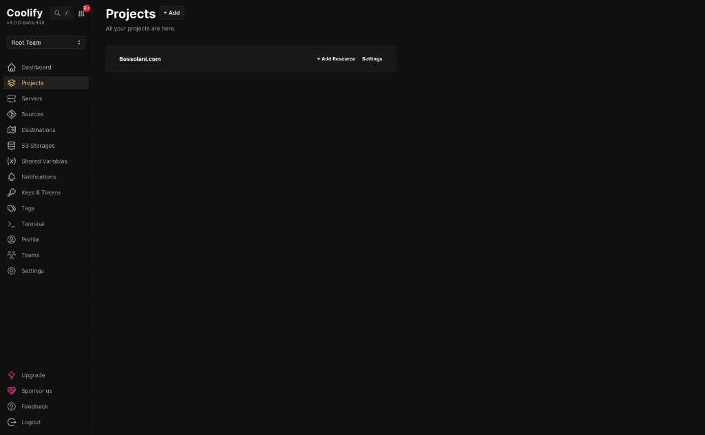 Lista de Projetos no Coolify