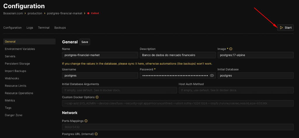Tela de Configuração do Postgres