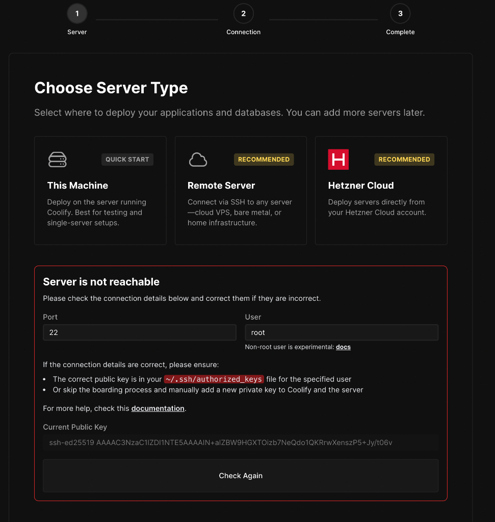 Coolify Connection Error